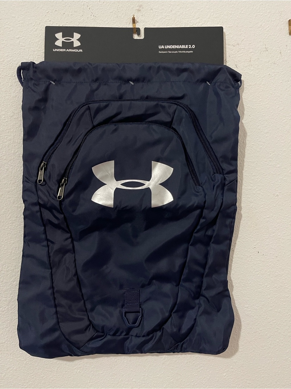 Under Armour Navy Drawstring Gym Backpack with Silver Logo